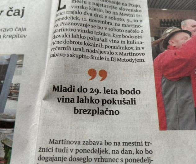 Iz članka je bilo razbrati le, da bodo mladi vino lahko naročali brezplačno. A na občini Ptuj so nam dodatno pojasnili, da so se omejili na tri kupone oz. 1 dcl vina. FOTO: Zaslonski Posnetek