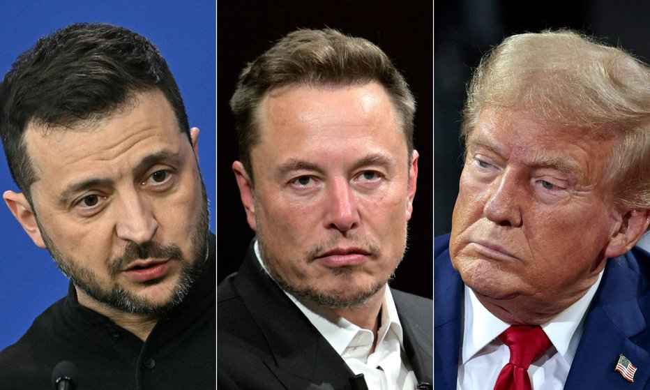 Fotografija: Volodimir Zelenski, Elon Musk in Donald Trump. FOTO: Attila Kisbenedek Afp