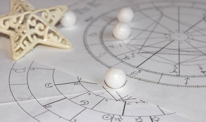 Printed astrology charts with white small shiny balls and a star shaped decoration in the background; winter concept