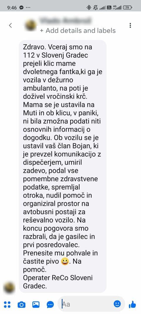 Sporočilo, ki so ga prejeli gasilci. FOTO: Facebook/PGD Talum Kridričevo