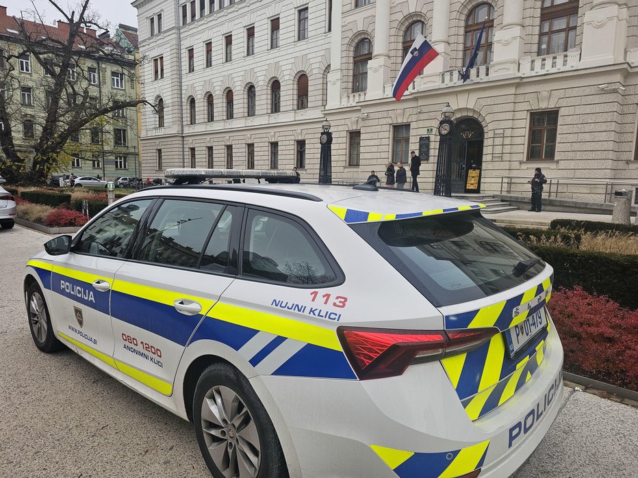 Fotografija: Pred stavbo je bilo več policistov. FOTO: Aleksander Brudar