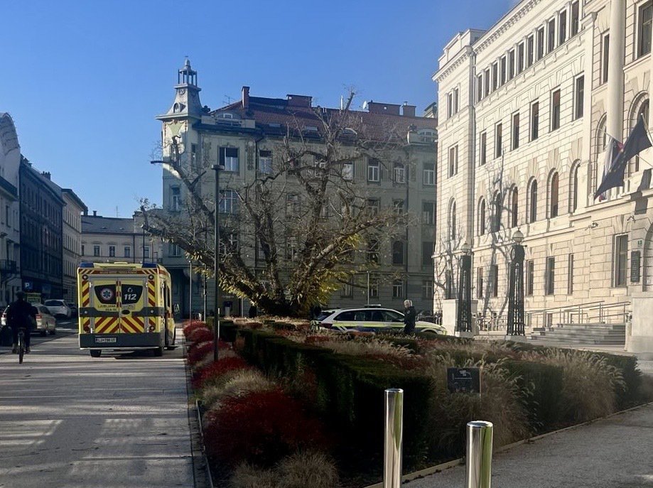 Fotografija: Poleg policijskega je bilo pred sodiščem parkirano še reševalno vozilo. FOTO: Bralec Darko