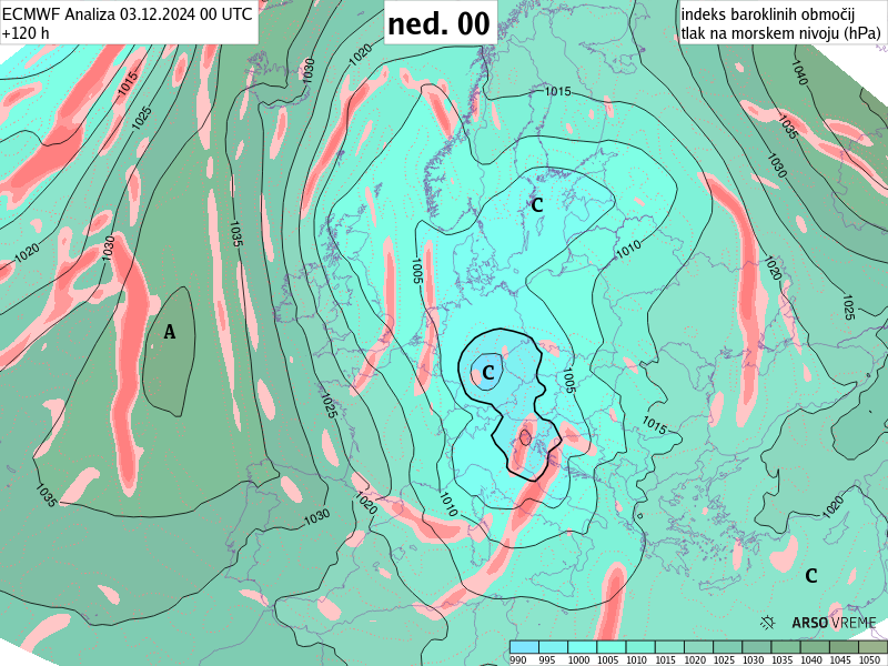 Fotografija: Napoved zračnega tlaka nad Evropo za noč na nedeljo, iz katere se vidi nastanek sredozemskega ciklona, ki nam bo prinesel padavine in ohladitev. FOTO: Arso