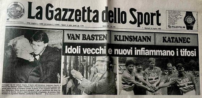 V Gazzetti dello Sport so julija 1989 predstavili tujce, ki bodo krojili bitko za naslov prvaka. To so bili Marco van Basten, Jürgen Klinsmann in Srečko Katanec. FOTO: J. S.