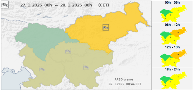 Rumeno in oranžno opozorilo zaradi močnejšega vetra. FOTO: Arso